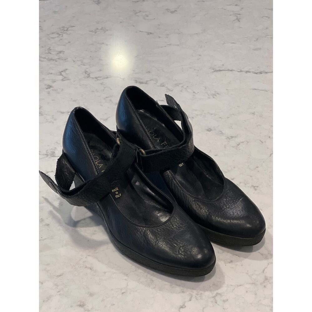Paola‎ Ferri Women’s Leather Wedge Heels Shoes Size 7 Black Comfort Round Toe